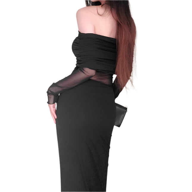 Off-the-shoulder Pleated Long Sleeve Dress