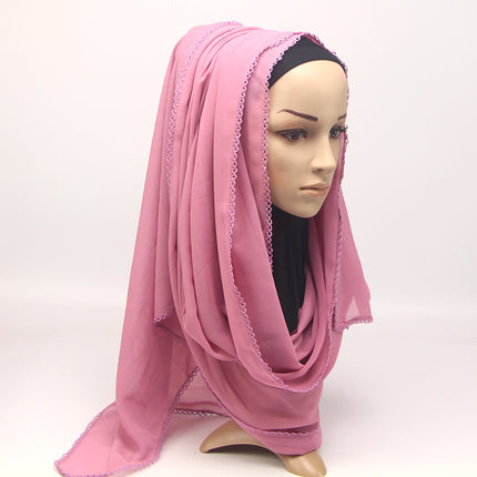 Elegant Women's Monochrome Lace Panel Pearl Chiffon Scarf