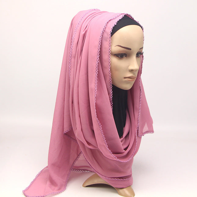 Elegant Women's Monochrome Lace Panel Pearl Chiffon Scarf