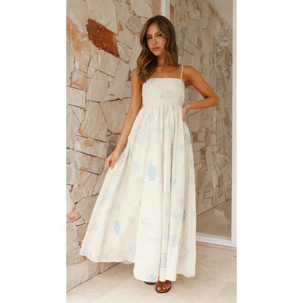 White & Sky-Blue Back Cutout Sling Dress