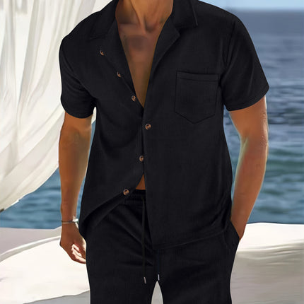 Men's Europe And America Cross Border Polyester Short Sleeve Cuban Collar Shirt Summer Suit