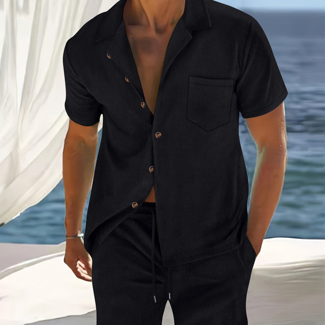 Men's Europe And America Cross Border Polyester Short Sleeve Cuban Collar Shirt Summer Suit