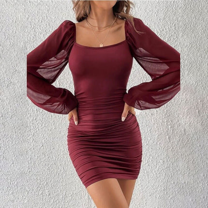 Mesh Stitching Ruffle Slim Fit Dress