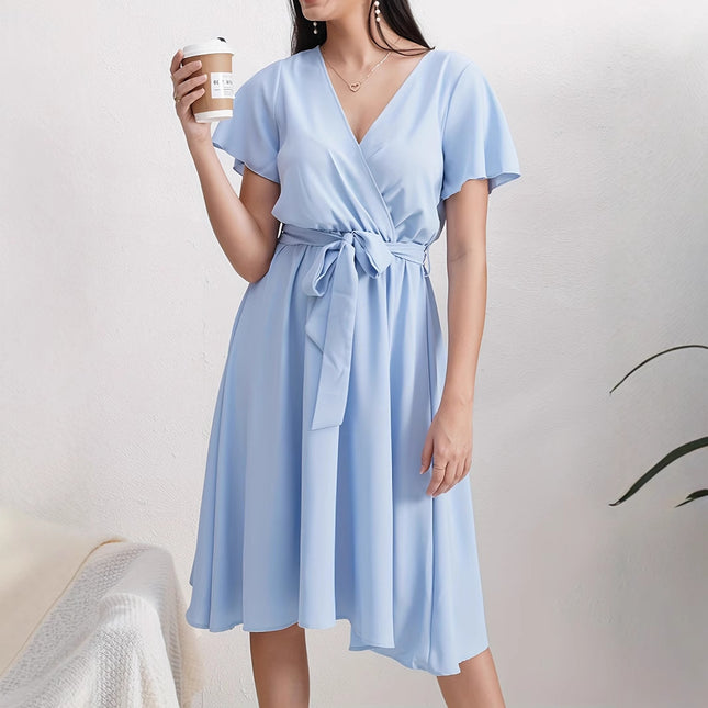 Short Sleeve Cross Collar Belt Dress