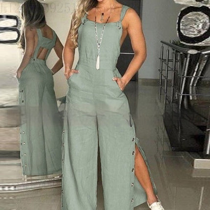Sleeveless Side Pocket Side Buckle Wide Leg Jumpsuit