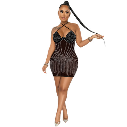 Sling Wrapped Chest Rhinestone Mesh Perspective Dress