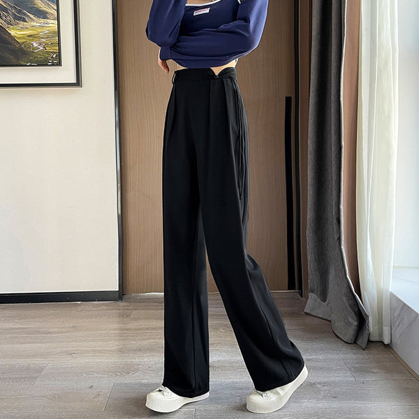 Buckle High Waist Casual Elastic Waist Wide Leg Pants