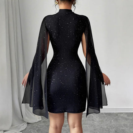 Shiny Turtleneck Lantern Sleeve Skinny Hip Dress