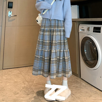 Winter Thickened Plaid Woolen High Waist Skirt