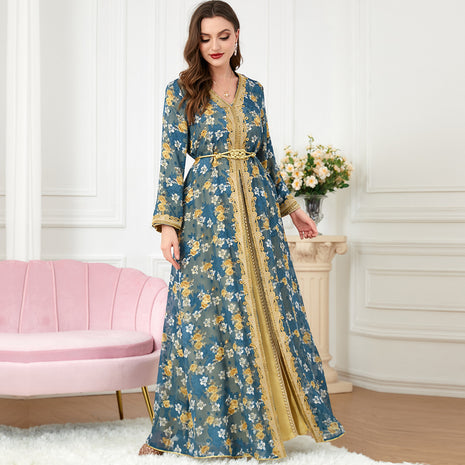 Vestido Conjunto de Flores Doradas con Cuello en V