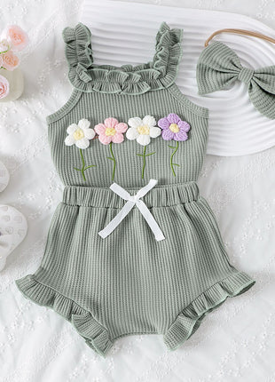 Summer Embroidered 3-Piece Set with Suspenders – 0-18 Months