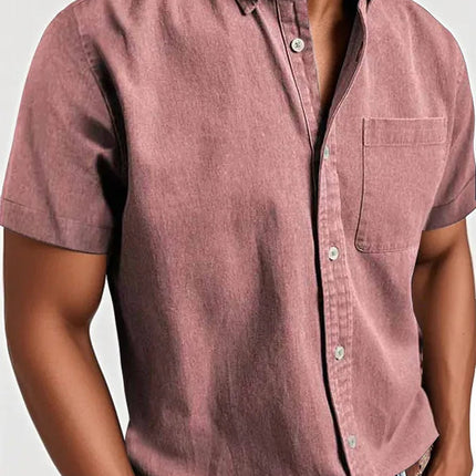 Collar Solid Color Pocket Single-breasted Men's Short-sleeved Shirt