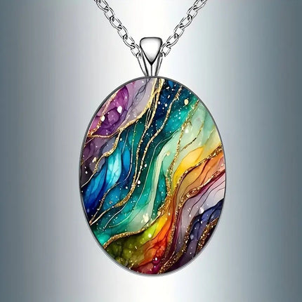 Retro-inspired Dreamy Ripple-pattern Oval Glass Pendant Necklace