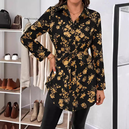 Elegant Floral Belted Long Sleeve Shirt