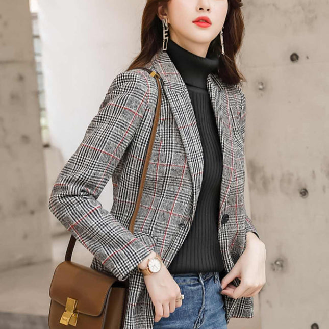Plaid Suit Waist Slim Fit Trimming Casual Coat