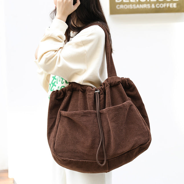 Ins Corduroy Drawstring Multi-Pocket Shoulder Bag