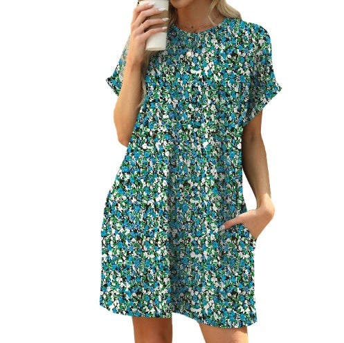 Loose Crew Neck Short Sleeve Pocket Dress