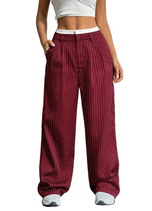 Women’s Japanese Korean casual straight-leg pants featuring striped pattern and high waist silhouette.