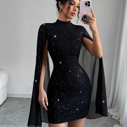 Shiny Turtleneck Lantern Sleeve Skinny Hip Dress