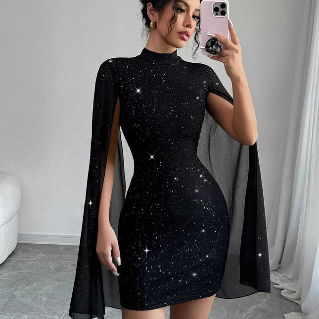 Shiny Turtleneck Lantern Sleeve Skinny Hip Dress