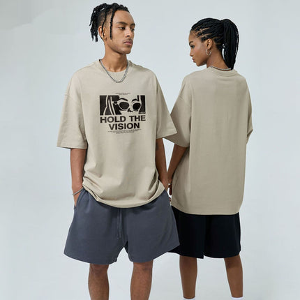 Film Letter Print Loose Round Neck Short Sleeve