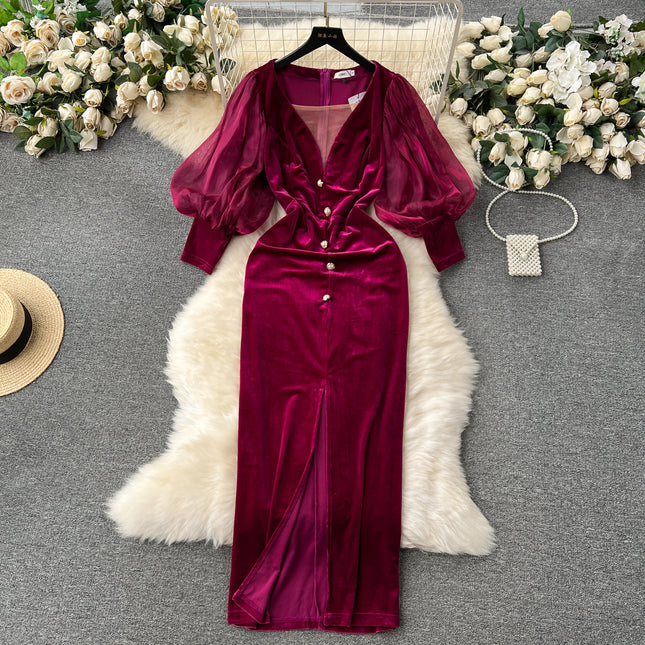 Vintage Velvet Luxury Lantern Sleeve Split Knee-length Dress