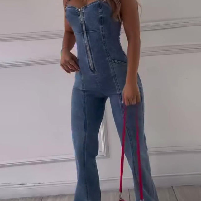 Sleeveless Paneled Zipper Denim Jumpsuit