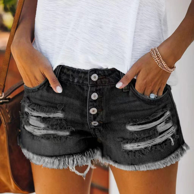 Fringed Denim Shorts Straight Breasted Hot Shorts