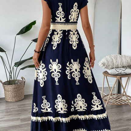 Trim Sleeve Cinched Waist Ruffle Hem A-Line Dress