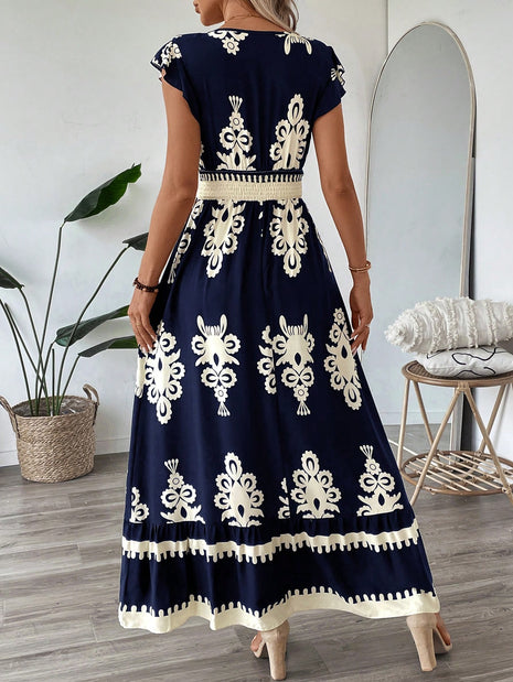 Trim Sleeve Cinched Waist Ruffle Hem A-Line Dress