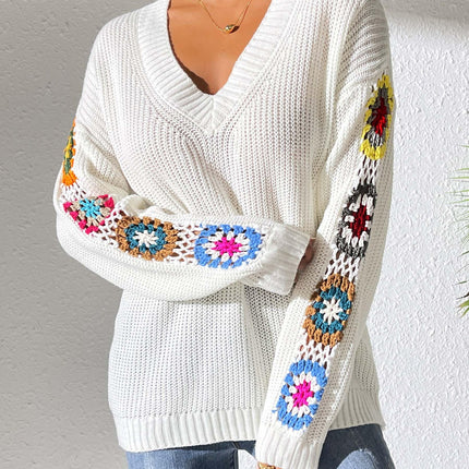 Crochet V-Neck Pullover Sweater