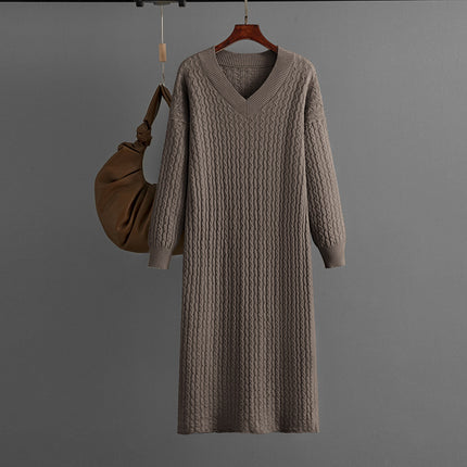 V-Neck Knitted Long Sweater with Back Slit
