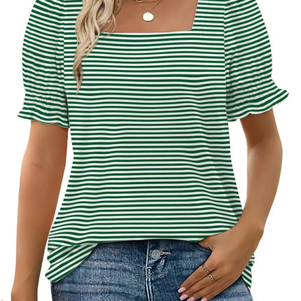 U-neck Petal Sleeve Loose Stripes T-shirt