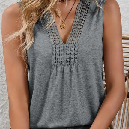 Lace V Neck Sleeveless Flowy Silhouette Breathable Fabric Tank Top