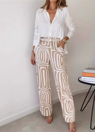 Casual Long-sleeved Lapel Shirt Wide-leg Pants with Belt Suit Set