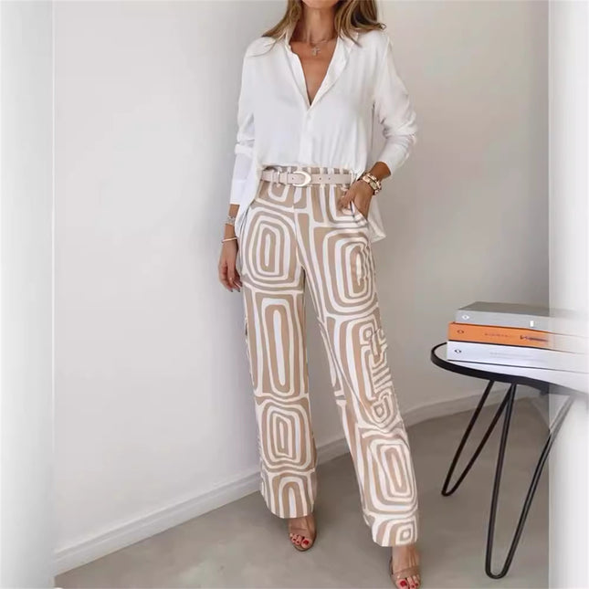 Casual Long-sleeved Lapel Shirt Wide-leg Pants with Belt Suit Set