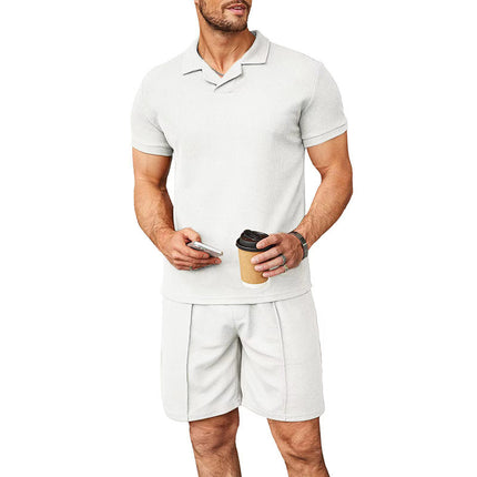 Summer New Waffle V-neck Polo Shirt Suit
