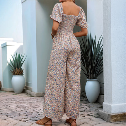 Square Collar Puff Sleeve Vacation Style Floral Jumpsuit