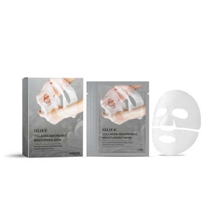 Collagen absorbable moisturising mask packaging with a single mask on a white background