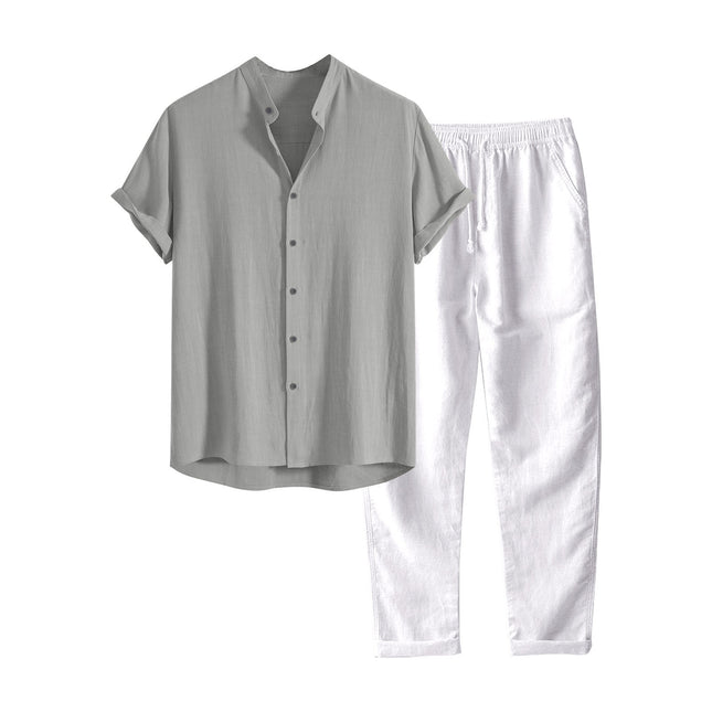 Casual Stand Collar Slim Fit Cotton And Linen Suit