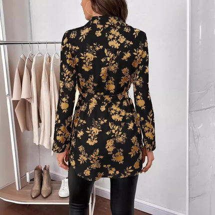 Elegant Floral Belted Long Sleeve Shirt