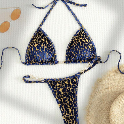 T-shaped Pearl Leopard Special Fabric Swimwear Swimsuit Bikini