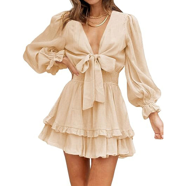 V-neck Ruffled Slimming Long Sleeves Dress