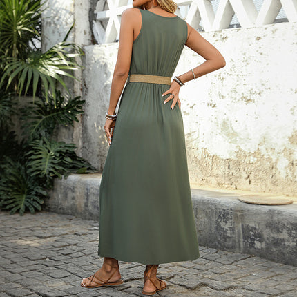 Round-neck Sleeveless Split With Button Long Dresses