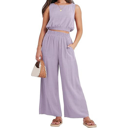 Round Neck Sleeveless Lower Hem High Waist Wide Leg Two-piece Set