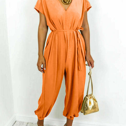 V-neck Lace-up Waist Wide Leg Jumpsuit