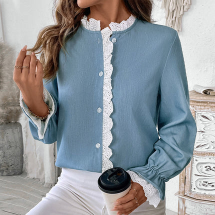 Single-breasted Lace Collar Blue Top