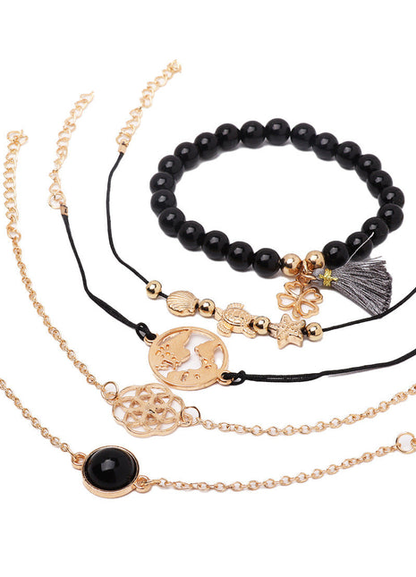 Turtle Drip Oil Tassel 5-Piece Bracelet Set – Gold Women's Jewelry