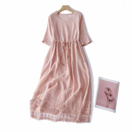 Ramie Mori Style Retro Crew Neck Dress