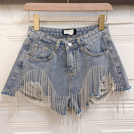 Fringed Chain Jeans High Waist Slim Beading Tide Shorts